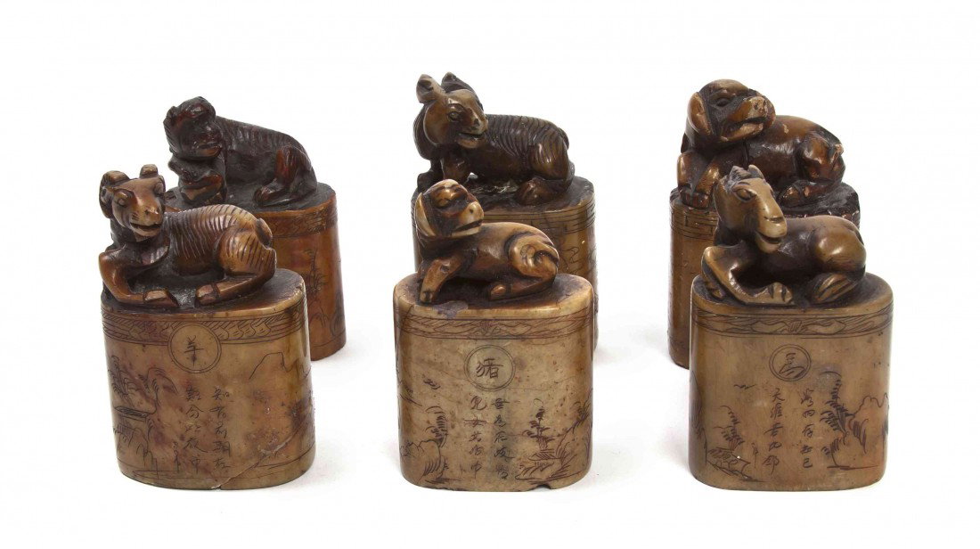 A Set of Six Soapstone Chops, Height 3 1/2 inches.: A Set of Six Soapstone Chops, depicting various animals atop oval form bases having inscriptions on the exterior. Height 3 1/2 inches.
