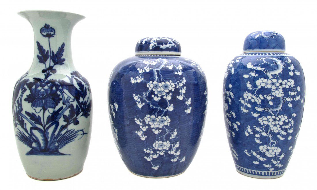 Two Chinese Porcelain Vases, Height of tallest ove: Two Chinese Porcelain Vases, each of lidded ovoid form with hawthorne decoration, together with another example of baluster form decorated with birds on flowering branches. Height of tallest overall 1
