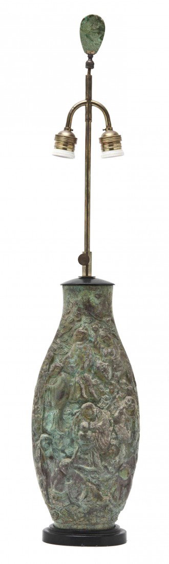 A Southeast Asian Bronze Vase, Height of vase 15 : A Southeast Asian Bronze Vase, of compressed flask form having raised molded figural decoration throughout, mounted as a lamp. Height of vase 15 1/2 inches.