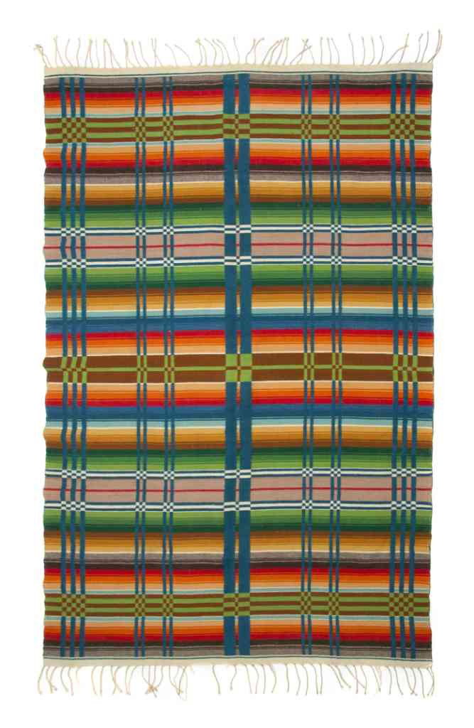 A Native American Blanket, Height 76 x width 50 in: A Native American Blanket, having green, blue, red and yellow linear decoration throughout. Height 76 x width 50 inches. Property from the Estate of Norma Seidman, Lincolnwood, Illinois