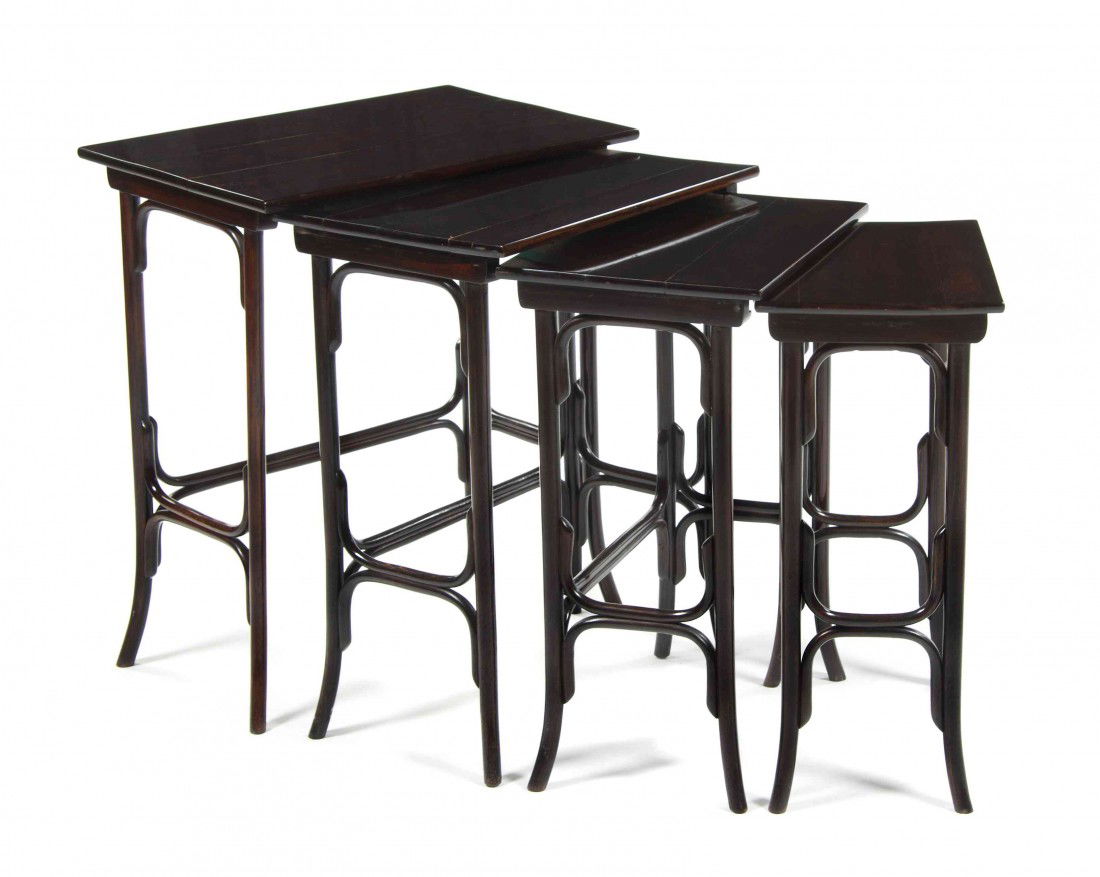 A Set of Four Thonet Beechwood Nesting Tables, He: A Set of Four Thonet Beechwood Nesting Tables, model 10, the rectangular tops raised on twin bentwood supports. Height of tallest 27 1/2 inches.