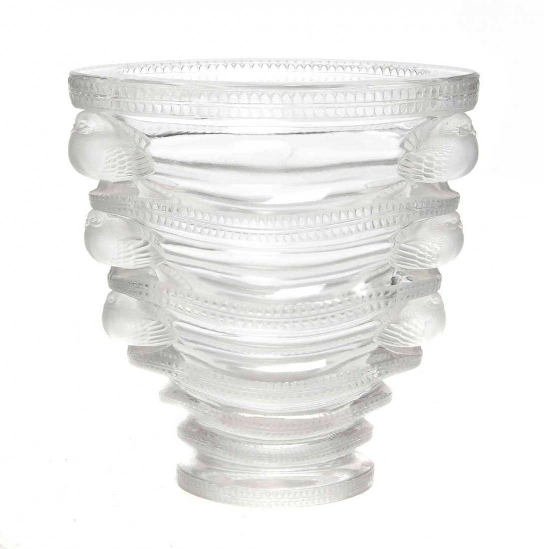 A French Glass Vase, Lalique, Height 6 1/2 inches: A French Glass Vase, Lalique, decorated with doves amongst foliage, having acid etched Lalique mark on underside. Height 6 1/2 inches. Property from the Collection of Mr. and Mrs. John F. Monroe, Milw