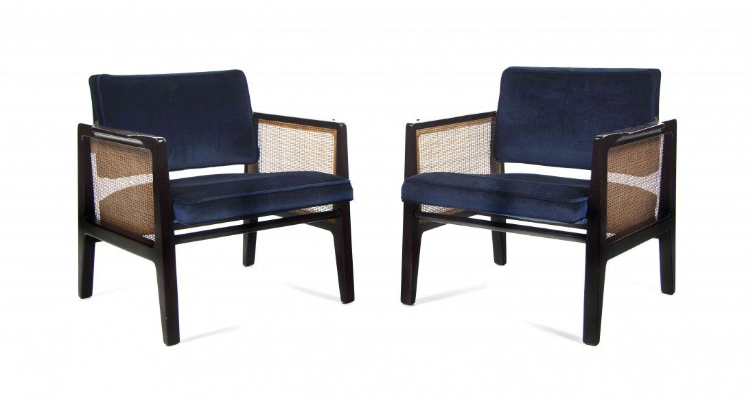 A Pair of Upholstered Armchairs, Edward Wormley f: A Pair of Upholstered Armchairs, Edward Wormley for Dunbar, model 5513, each having a swivel back and caned sides within a mahogany frame. Height 27 inches.