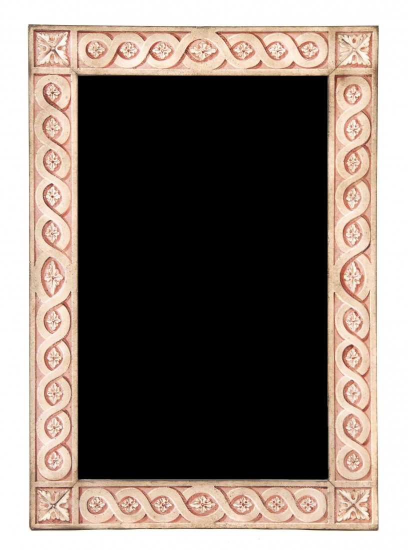 A Neoclassical Style Painted Mirror, Patinas, Hei: A Neoclassical Style Painted Mirror, Patinas, the rectangular plate within scrolling grisaille decoration, with rosettes at each corner. Height 42 x width 29 inches.