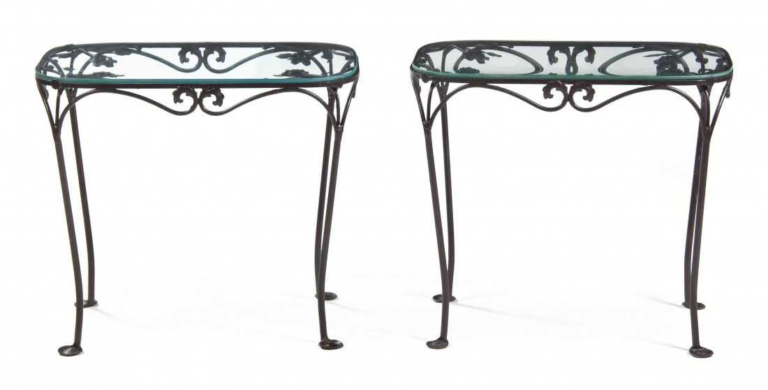 A Pair of Cast Metal Occasional Tables, John Salt: A Pair of Cast Metal Occasional Tables, John Salternini, having rectangular glass tops with rounded corners, having allover foliate decoration raised on scrolling legs ending in pad feet. Height 25 x