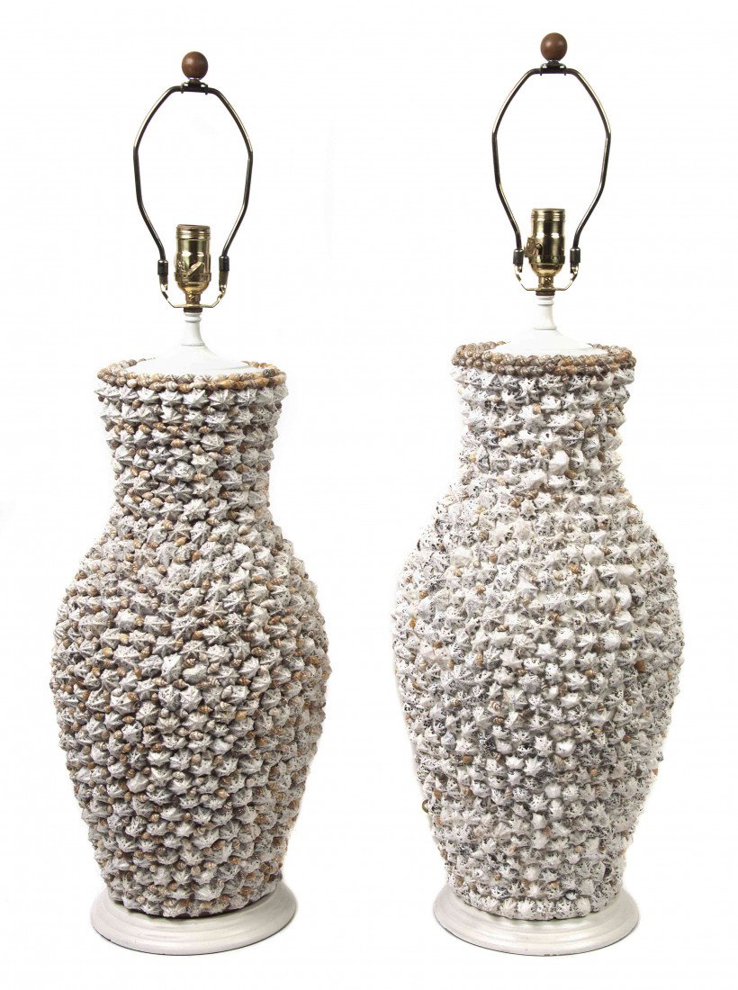 A Pair of Grotto Style Urns, Height of urn 22 1/2: A Pair of Grotto Style Urns, of baluster form, decorated with applied shells throughout, mounted as lamps. Height of urn 22 1/2 inches.
