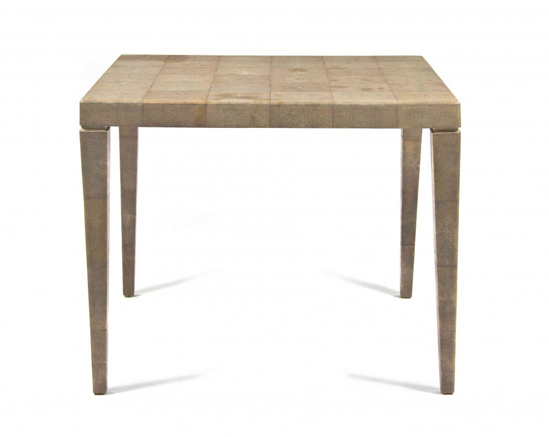 A Lizard Skin Card Table, in the Manner of Karl S: A Lizard Skin Card Table, in the Manner of Karl Springer, of square form, raised on tapering legs. Height 28 1/2 x width 35 3/4 x depth 35 3/4 inches.