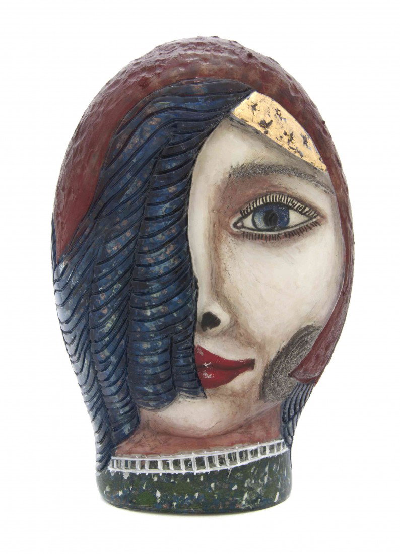 A Studio Ceramic and Glass Portrait Bust, Height : A Studio Ceramic and Glass Portrait Bust, signed ALES, having polychrome decoration throughout. Height 9 3/4 inches. Property from the Collection of Mr. and Mrs. John F. Monroe, Milwaukee, Wisconsin