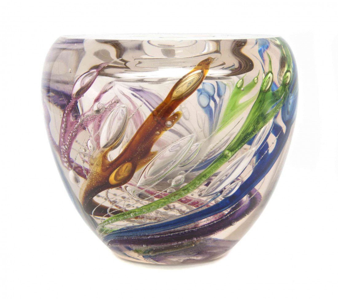 An Applebaum Glass Vase, Height 5 1/2 inches.: An Applebaum Glass Vase, having a flattened rim over the ovoid body with internal bubble decoration, signed and dated 1986. Height 5 1/2 inches. Property from the Collection of Mr. and Mrs. John F. Mo