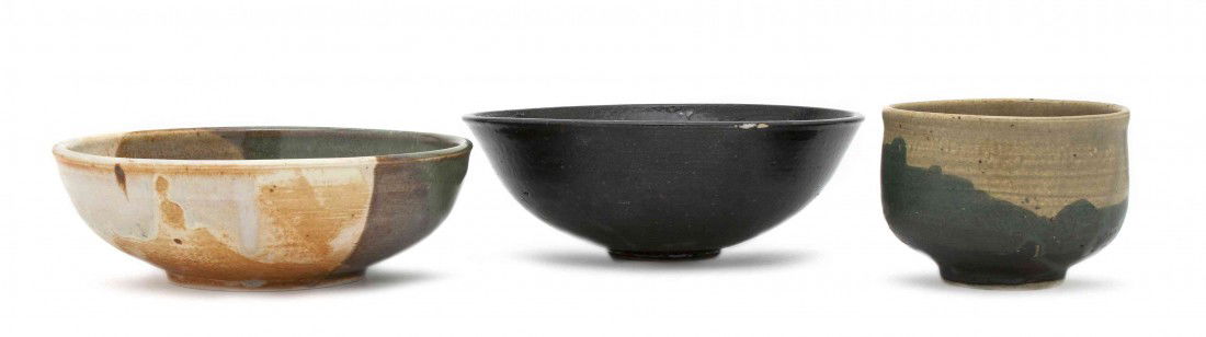 A Collection of Three Ceramic Bowls, Toshiko Taka: A Collection of Three Ceramic Bowls, Toshiko Takaezu, comprised of a bowl with curved walls and splashed glaze, a bowl with glossy black glaze and a tea bowl with matte black and olive glaze, each hav