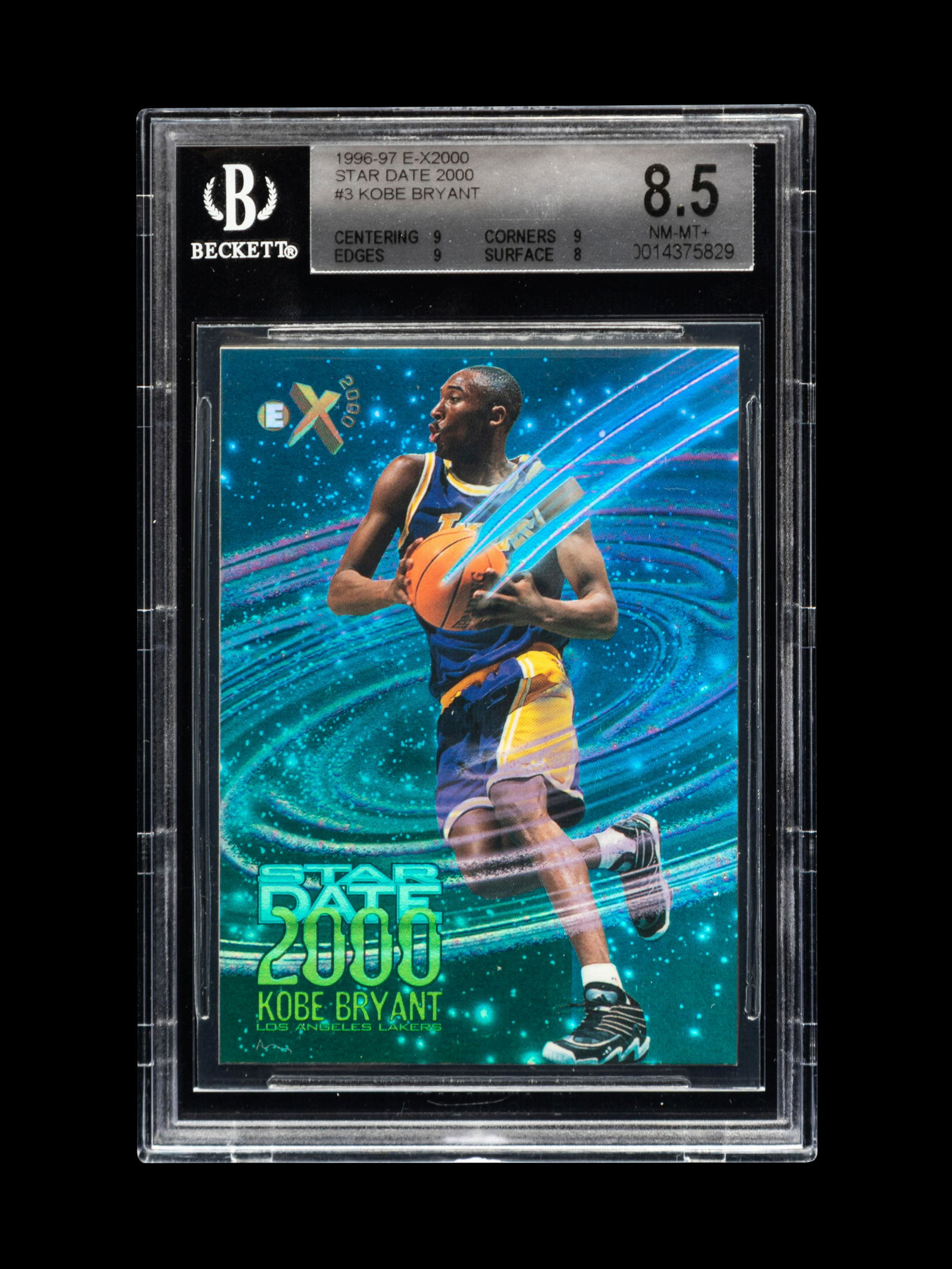 A 1996-97 Skybox E-X2000 Star Date Kobe Bryant Rookie Basketball Card No. 3 (BGS 8.5 NM-MT+) (1 of 2)