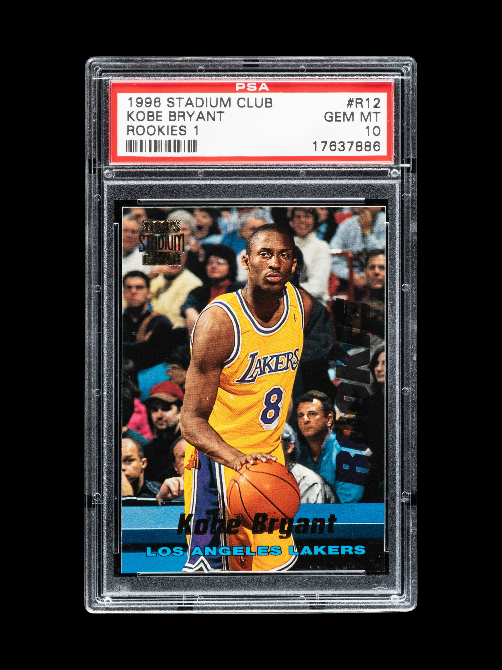 A 1996-97 Topps Stadium Club Rookies 1 Kobe Bryant Rookie Basketball Card No. R12 (PSA 10 GEM MINT) (1 of 2)