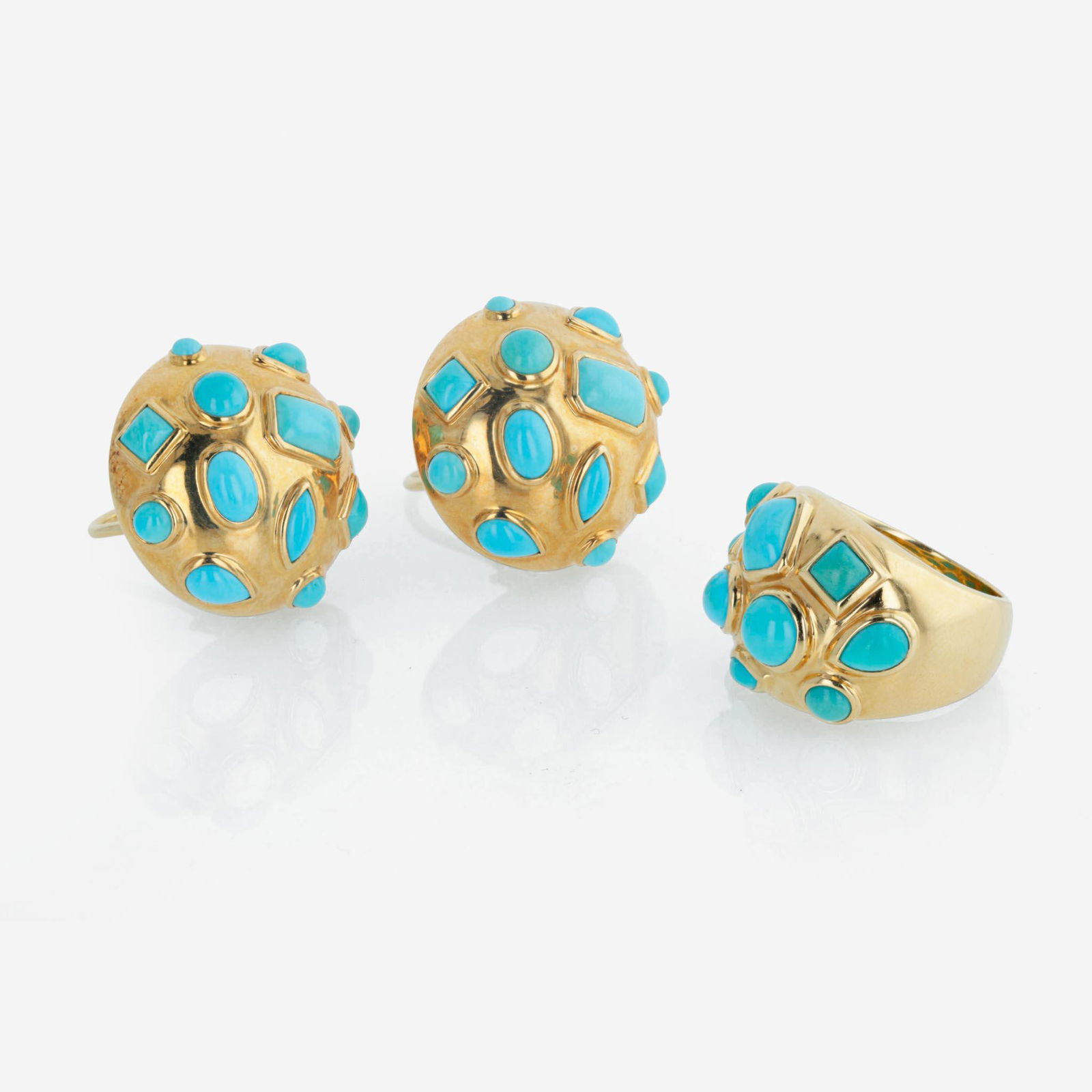 An 18K yellow gold and turquoise ring and earrings suite, Seaman Schepps (1 of 3)