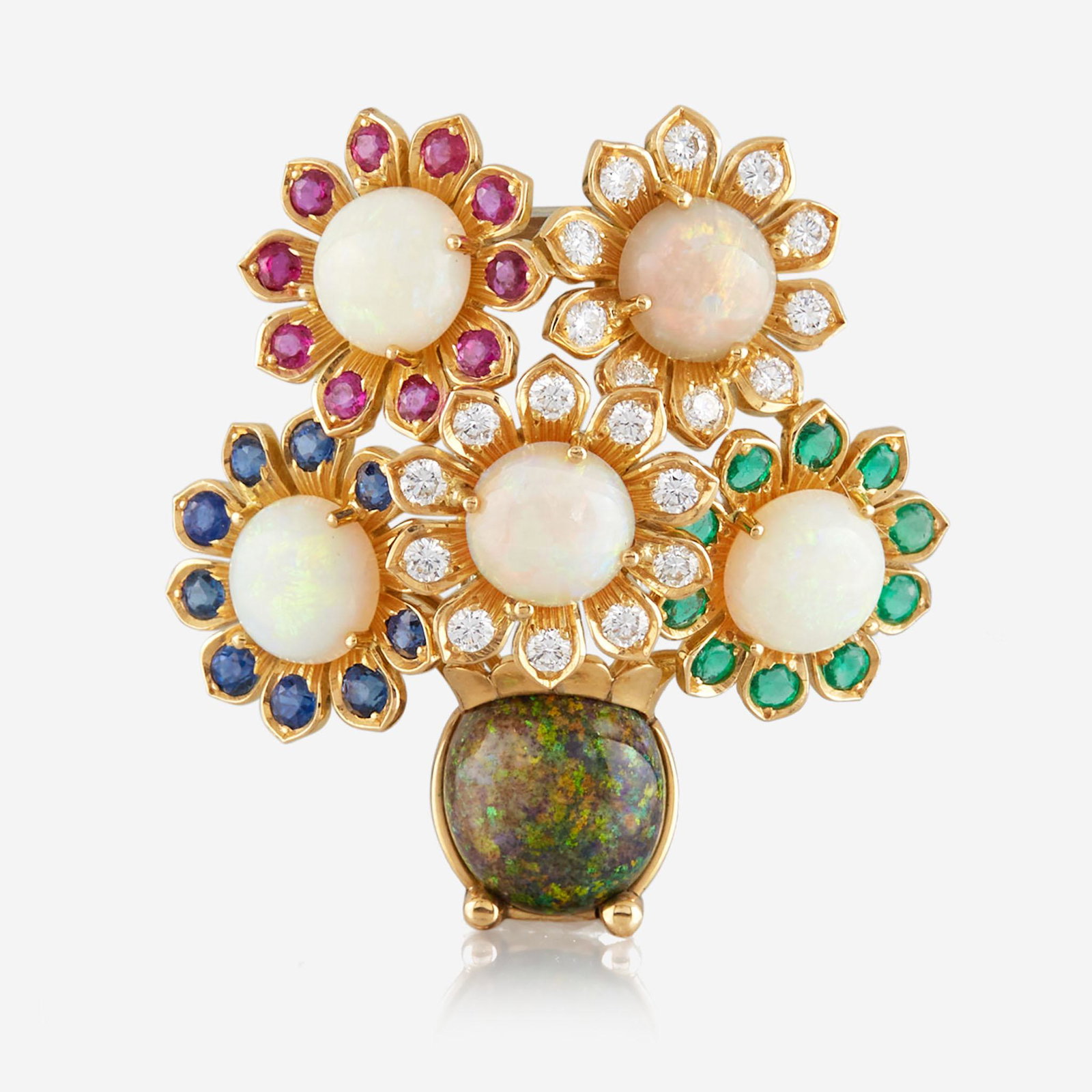 An 18K yellow gold, opal, diamond, emerald, sapphire, and ruby brooch, Julius Hügler Austria (1 of 2)
