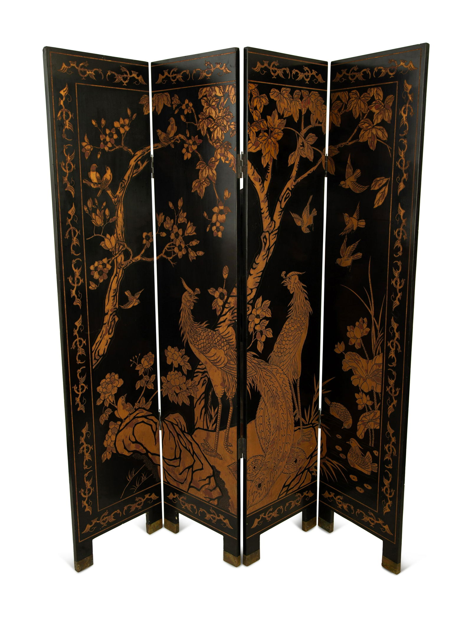 A Chinese Export Carved Lacquer Four-Panel Floor Screen (1 of 5)