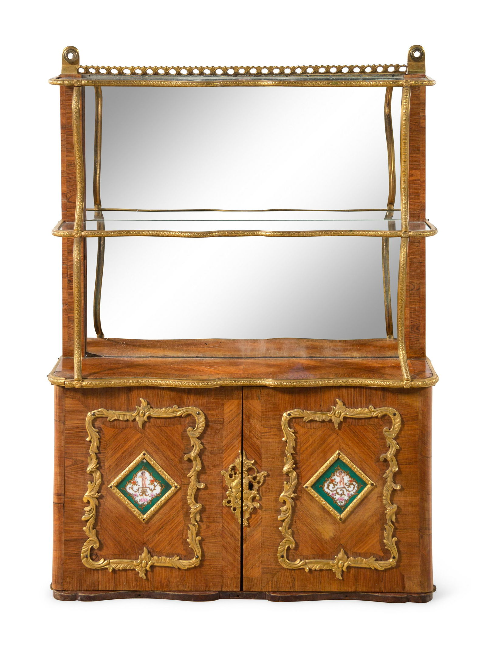 A Louis XV Style Porcelain and Bronze Mounted Tulipwood Veneered Hanging Etagere (1 of 12)