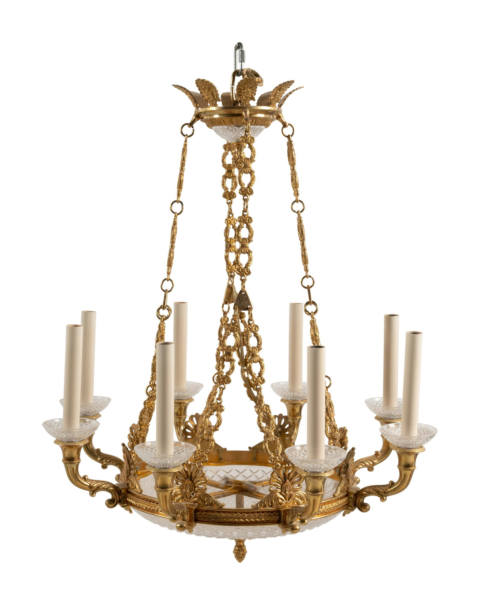 An Empire Style Gilt Metal and Cut Glass Eight-Light Chandelier: An Empire Style Gilt Metal and Cut Glass Eight-Light Chandelier 20th Century one escutcheon plate marked SPAIN. Height 28 x diameter 23 3/8 inches. Property from the Estate of an Elegant Lady, T