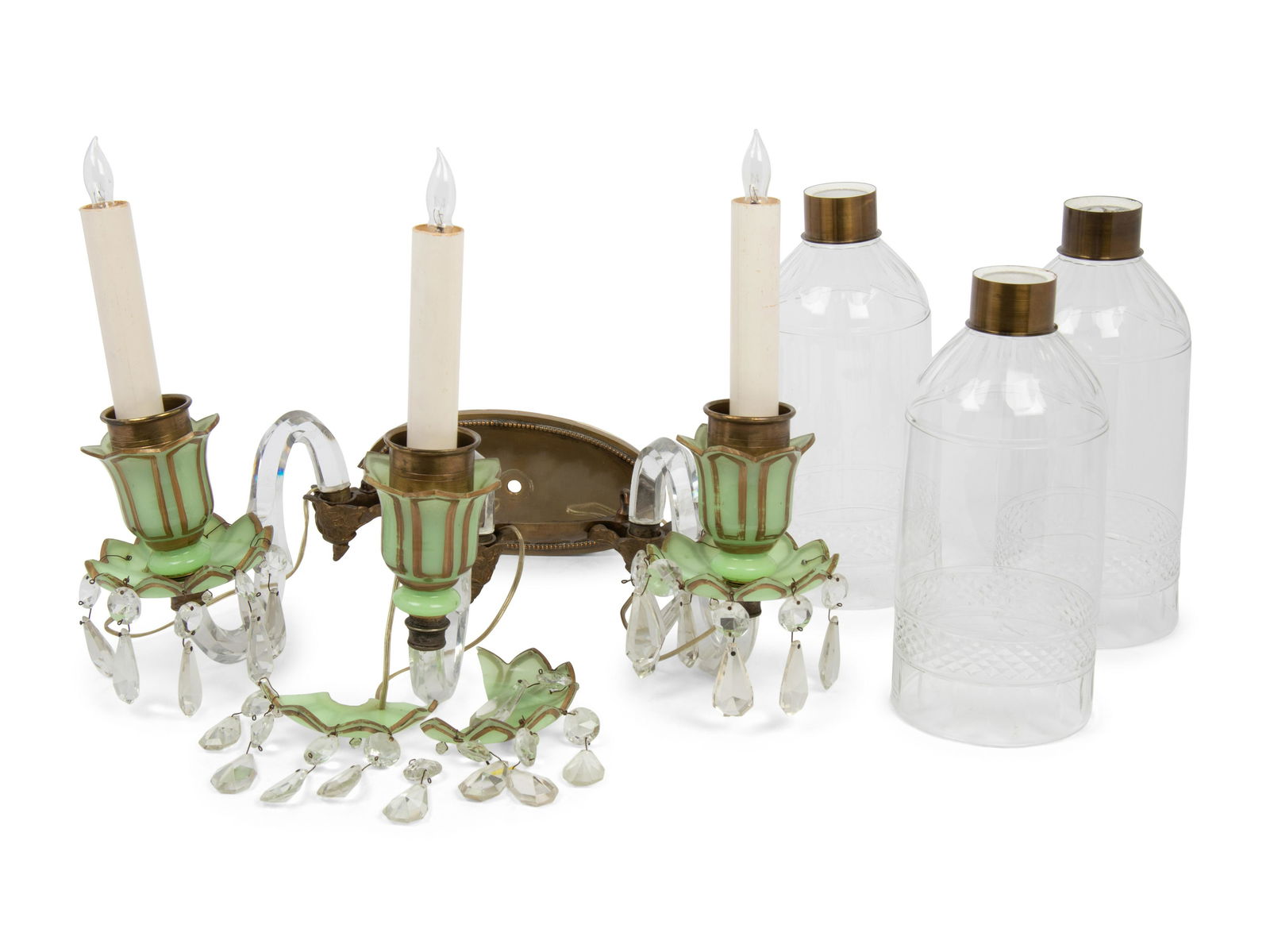 A French Opaline Glass Three-Light Sconce with Cut Glass Hurricane Shades (1 of 1)
