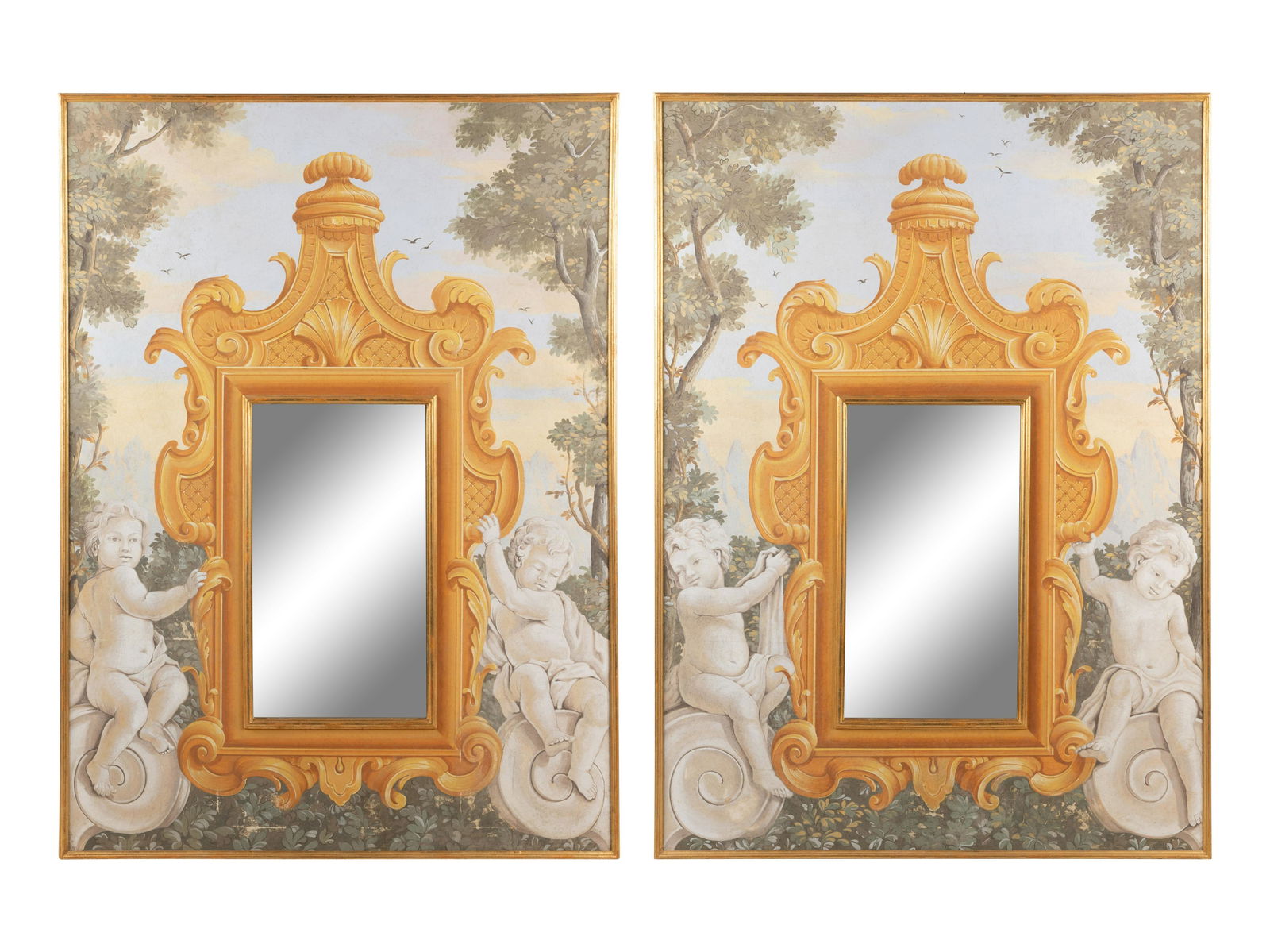 A Pair of Continental Painted Canvas and Parcel Gilt Pier Mirrors (1 of 9)
