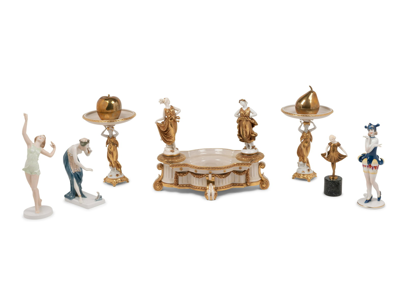 An Assortment of Porcelain and Bronze Figures: An Assortment of Porcelain and Bronze Figures 20th Century comprising a Capodimonte style three-piece garniture with eight other porcelain and bronze figures. Height of tallest example 13 1/4 inches.&