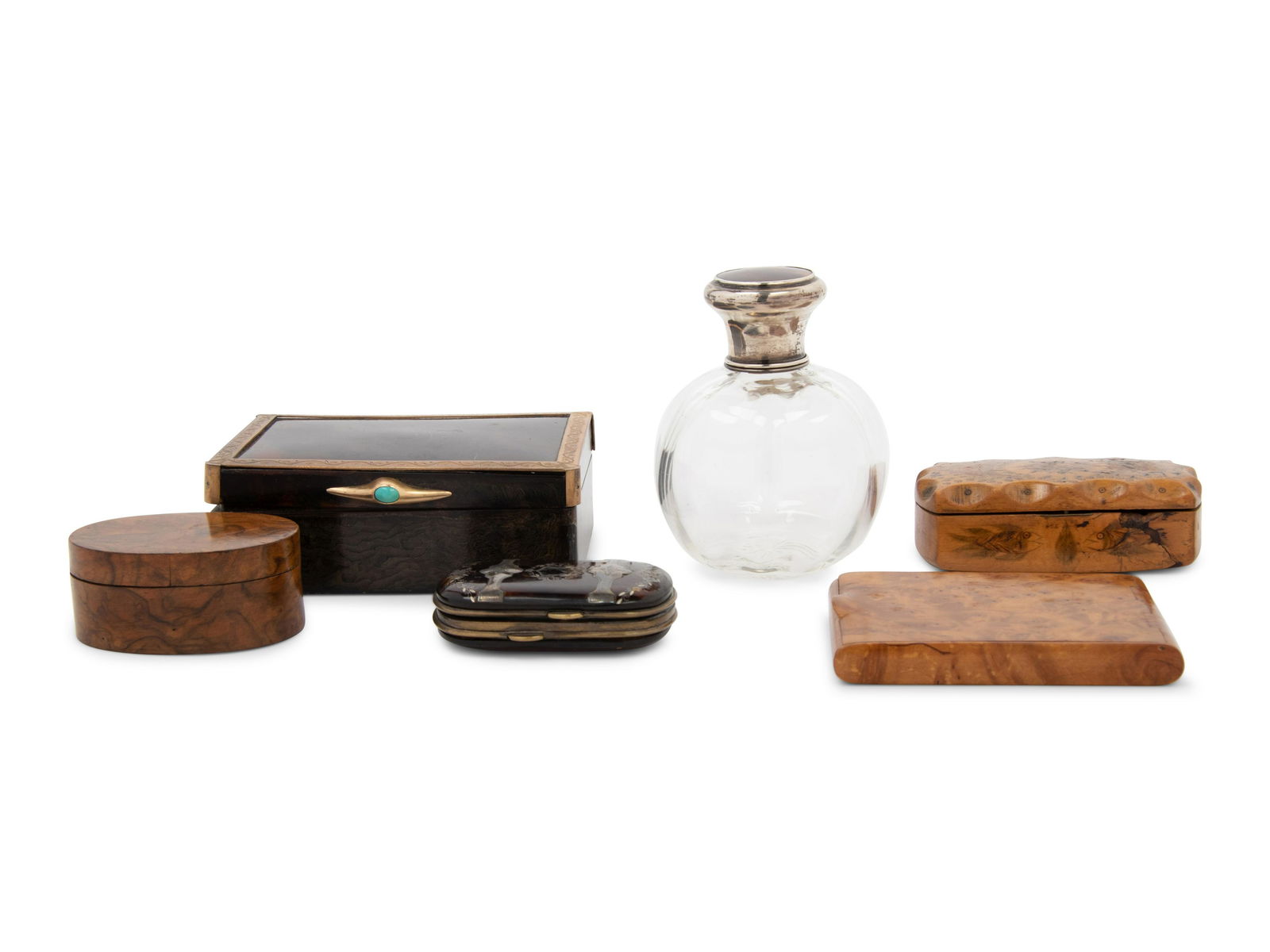 A Group of English Tortoise Shell Articles and Burlwood Small Boxes (1 of 3)