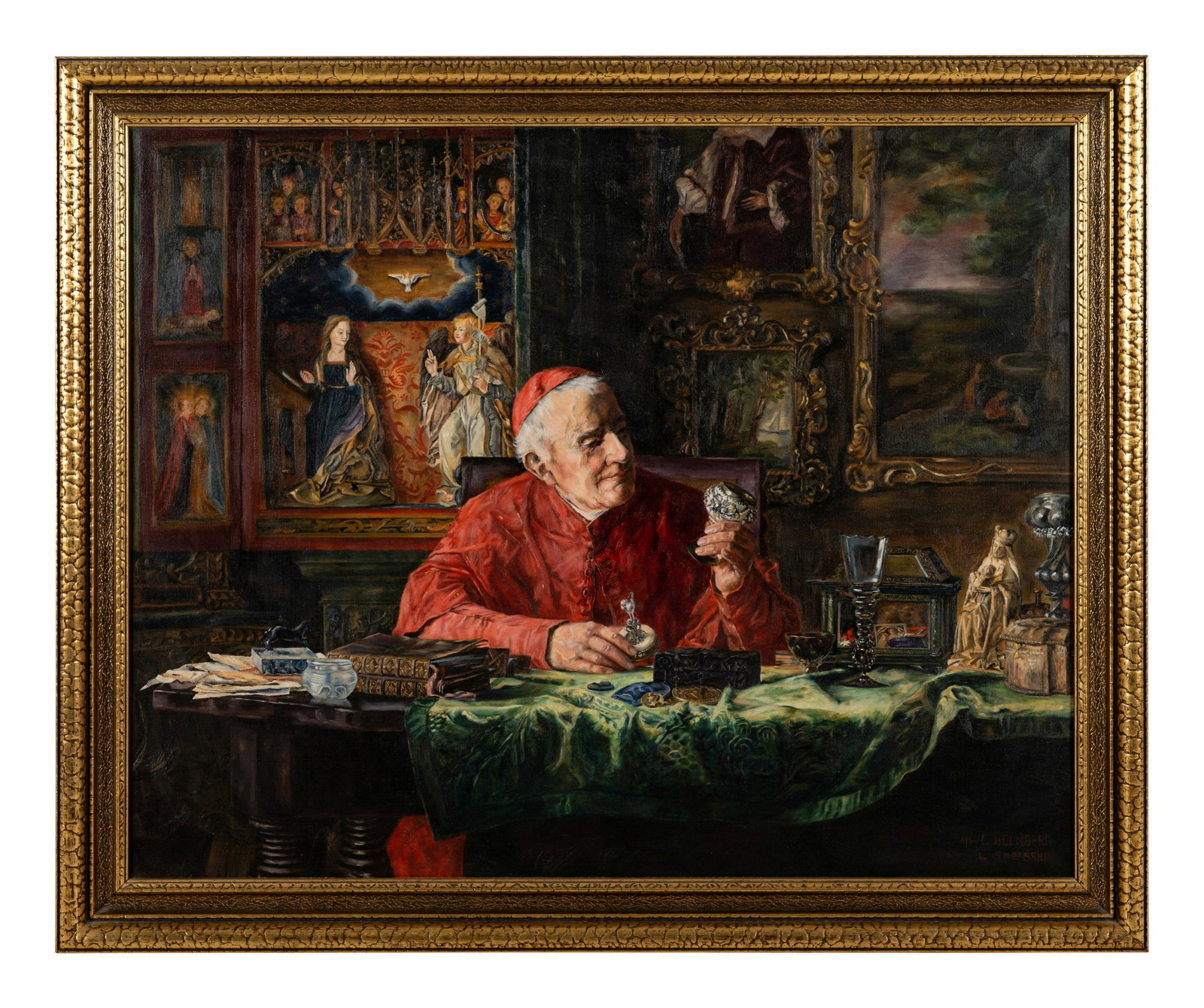 Sister Mary Leo Hargarten, SSND (American, 1900-1959) After C. Holmberg: Sister Mary Leo Hargarten, SSND (American, 1900-1959) After C. Holmberg A Cardinal in His Study oil on canvas signed After C. Holmberg/ by S.M. Leo S.S.N.D. (lower right) 33 x 41 inches. Property from