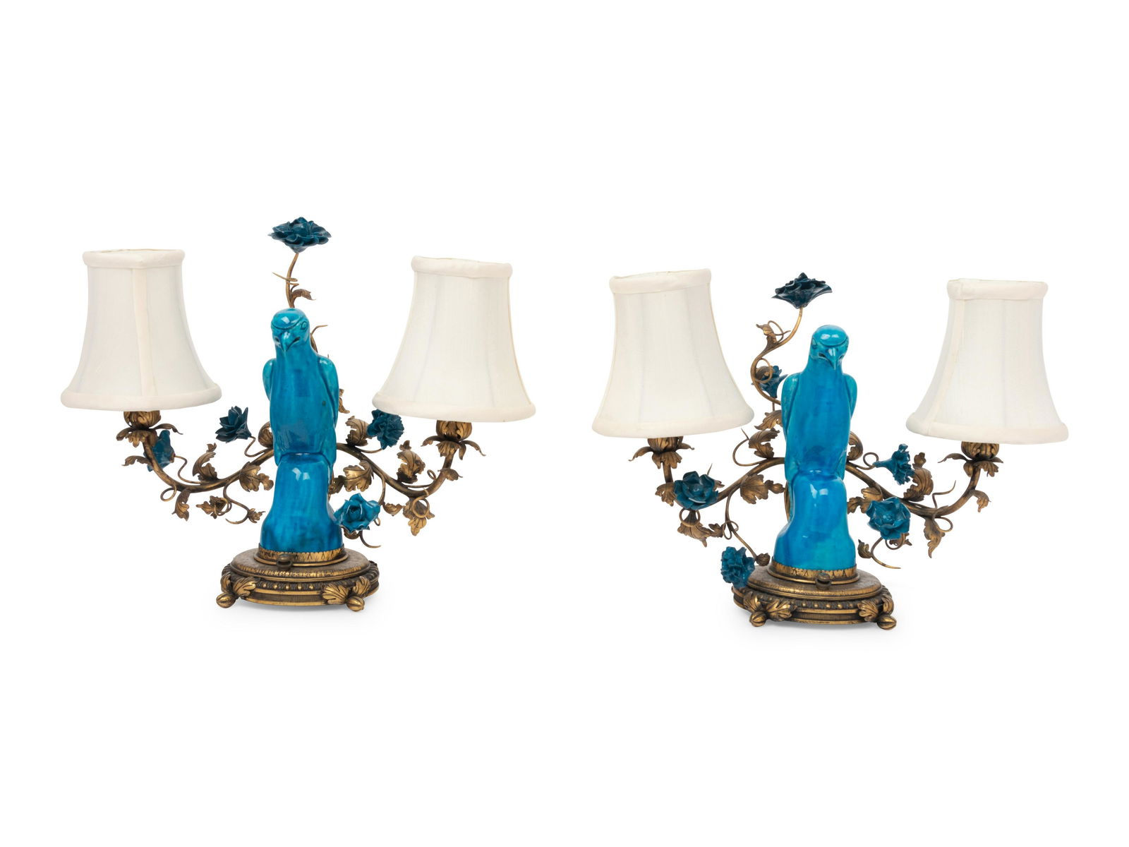 A Pair of Chinese Export Porcelain and Gilt Metal Mounted Two-Light Lamps (1 of 10)