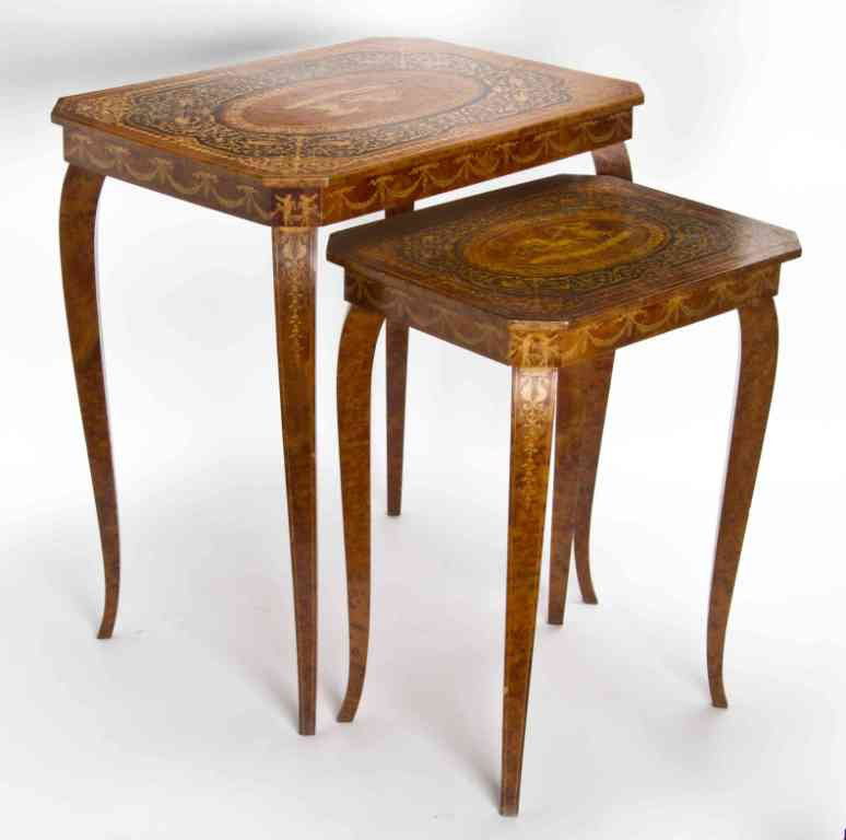 A Set of Burlwood and Marquetry Inlaid Nesting Ta: A Set of Burlwood and Marquetry Inlaid Nesting Tables, modern, each of rectangular form with canted corners, having bird and foliate inlay throughout. Height of tallest 22 x width 20 x depth 14 1/2 in