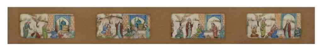 A Group of Four Persian Miniature Paintings, Heig: A Group of Four Persian Miniature Paintings, depicting various figural scenes, set in an ebonized and parcel gilt frame, together with a Persian painting on paper depicting a man and a woman at a well