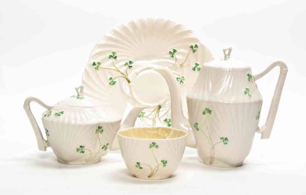 A Belleek Dinnerware Service for Eight, Diameter : A Belleek Dinnerware Service for Eight, comprising plates, cups, saucers, a creamer, a sugar, a coffee pot and a teapot. Diameter of first 9 3/8 inches. Property from an Estate, Kenilworth, Illinois