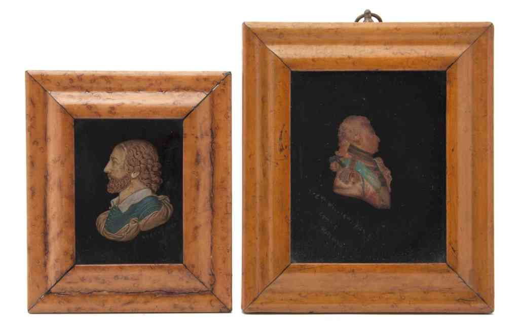 Two Wax Profile Busts, Height of larger bust 3 5/: Two Wax Profile Busts, the first depicting William Shakespeare, signed I. Harmes, the other depicting Colonel William Hill, each with polychrome accents and set in bird's eye maple frames. Height of l
