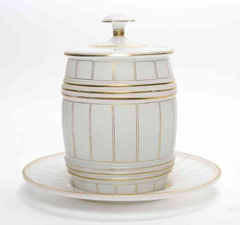 An Opaline Glass Punch Bowl, Height of first 11 1: An Opaline Glass Punch Bowl, of barrel form with lid and underplate, each with gilt banding. Height of first 11 1/2 inches. Property from the Estate of Norma B. Harris, Chicago, Illinois