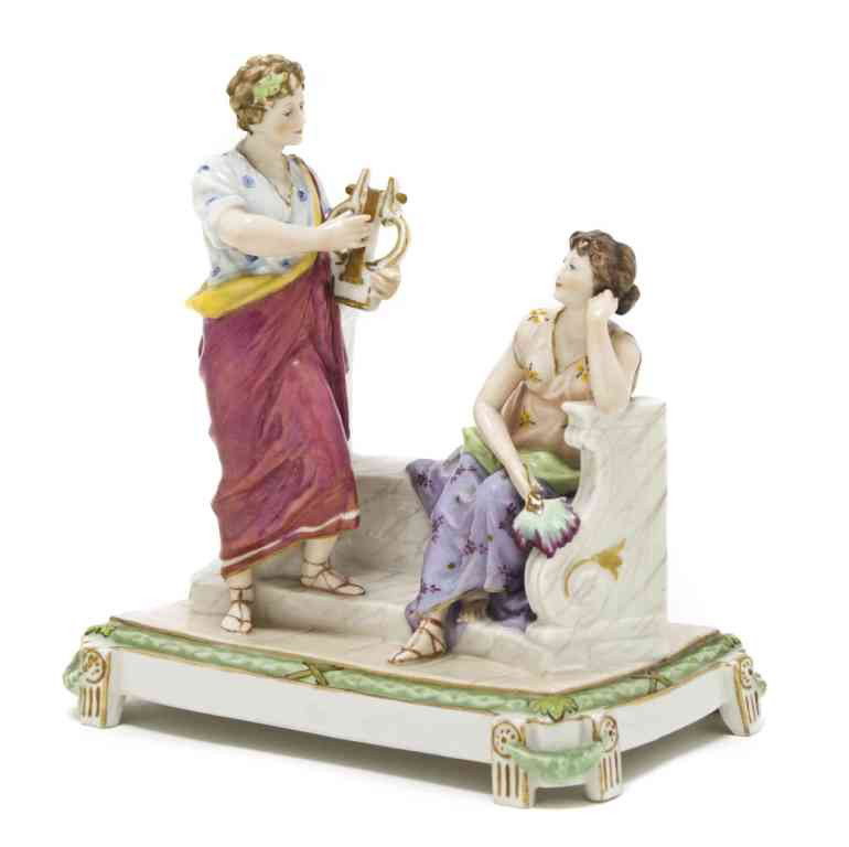 A Capodimonte Porcelain Figural Group, Width 7 in: A Capodimonte Porcelain Figural Group, depicting a courting couple, the lady depicted seated with a fan, the gentleman with a lute, set on a Neoclassical base with gilt highlights. Width 7 inches.