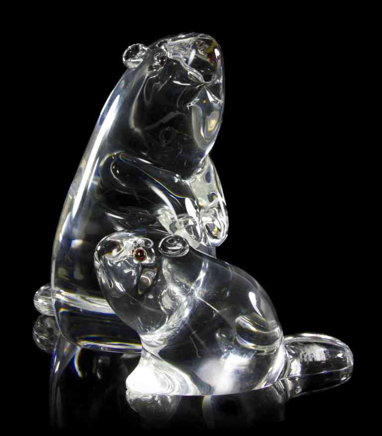 A Group of Two Steuben Glass Animals, Height of t: A Group of Two Steuben Glass Animals, each in the form of a beaver with inset garnet eyes. Height of tallest 6 inches. Property from the Estate of Helen Asher, Chicago, Illinois, sold to benefit Spert