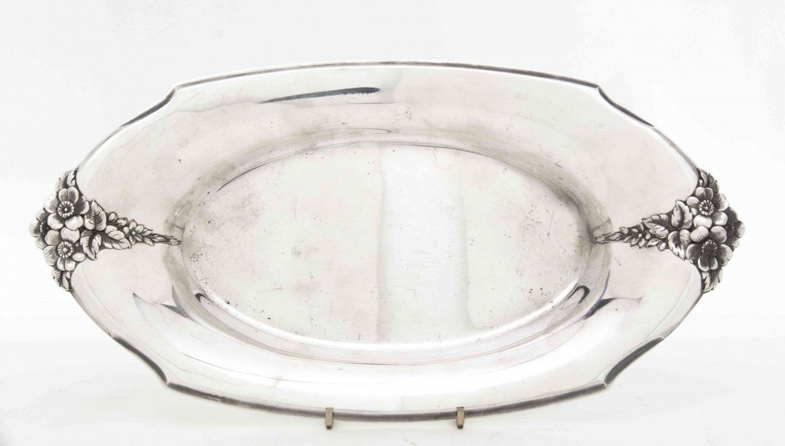 A Silverplate Tray, Holmes & Edward, for Internat: A Silverplate Tray, Holmes & Edward, for International, in the Spring Garden pattern. Width 13 1/4 inches.
