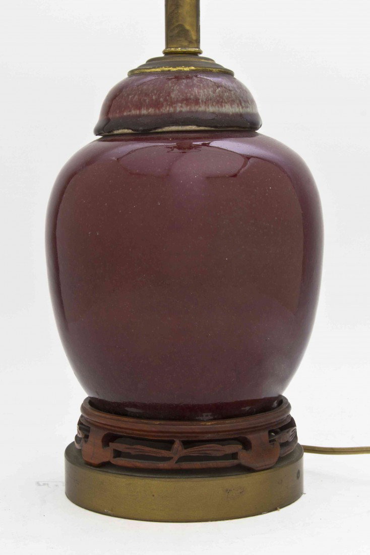 A Chinese Flambe Glazed Ginger Jar, Height of jar: A Chinese Flambe Glazed Ginger Jar, mounted as a lamp Height of jar 8 1/2 inches.