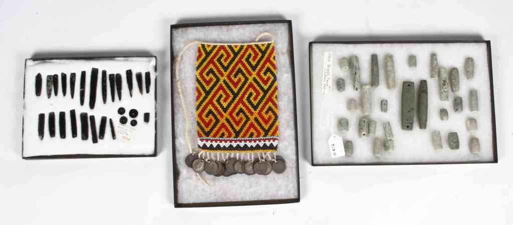 A Collection of Nine Cases of Mayan Related Artic: A Collection of Nine Cases of Mayan Related Articles, comprising necklaces, beads, rings, bracelets and others. Length of longest 13 1/2 inches. Southern Illinois University Edwardsville Foundation Fo