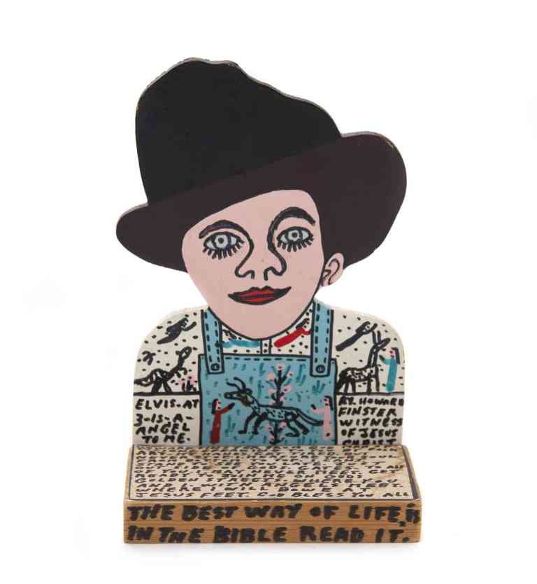 Howard Finster, (American, 1916-2001), Cowboy: Howard Finster (American, 1916-2001) Cowboy mixed media on board signed Howard Finster (verso) Height 8 inches. Property from the Collection of Irma Ecksel, Nashville, Tennessee