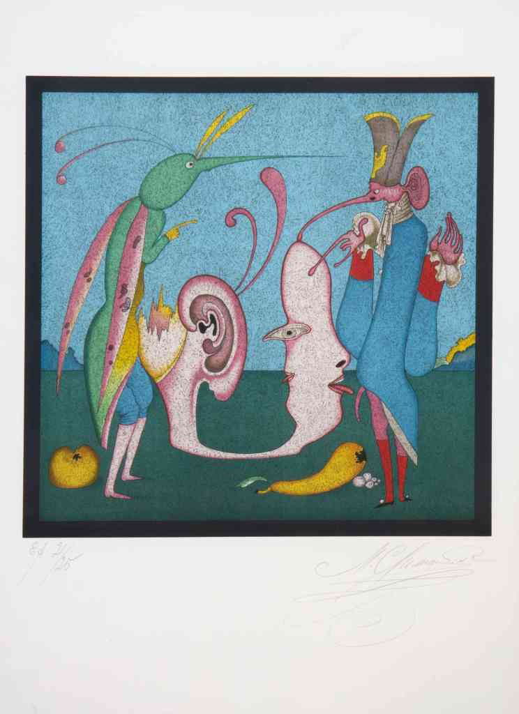 Mihail Chemiakin, (American/Russian, b. 1943), En: Mihail Chemiakin (American/Russian, b. 1943) Englishmen & Jesters and Insect, Abstract Head, and Figure (a pair) lithograph editions 3/25 and 21/25, signed M. Chemiakin (lower ri