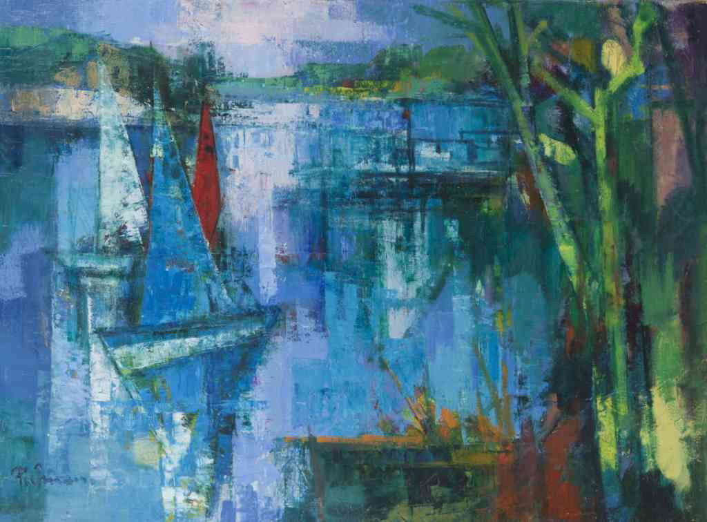 Jose Palmeiro, (Spain, 1901-1984), Voiles sur la : Jose Palmeiro (Spain, 1901-1984) Voiles sur la Seine oil on canvas signed (lower left) and titled and signed on verso 21 1/2 x 29 inches.