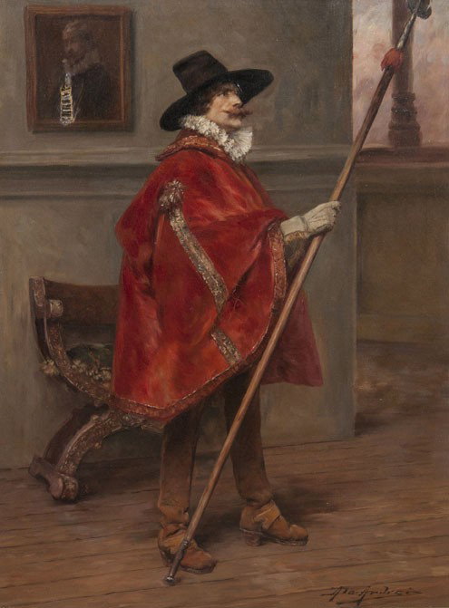 Alex de Andreis, (British, 1880-1929), Cavalier i: Alex de Andreis (British, 1880-1929) Cavalier in Interior oil on canvas signed A. de Andreis (lower right) 23 5/8 x 17 3/4 inches.