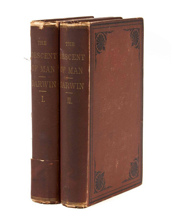 DARWIN, CHARLES. The Descent of Man, and Selection i: DARWIN, CHARLES The Descent of Man, and Selection in Relation to Sex. New York: D. Appleton, 1871. 2 vols. 8vo, publisher's brick red cloth. First American edition, first issue, with advertisement lea