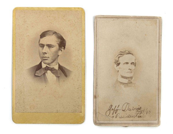 DAVIS, JEFFERSON. Carte de visite. s.p., n.d. (c. : DAVIS, JEFFERSON Carte de visite, unstamped. With manuscript inscription of previous owner beneath image, and presentation inscription to John S. Hadfield to verso. Together with Carte de visite of Jo