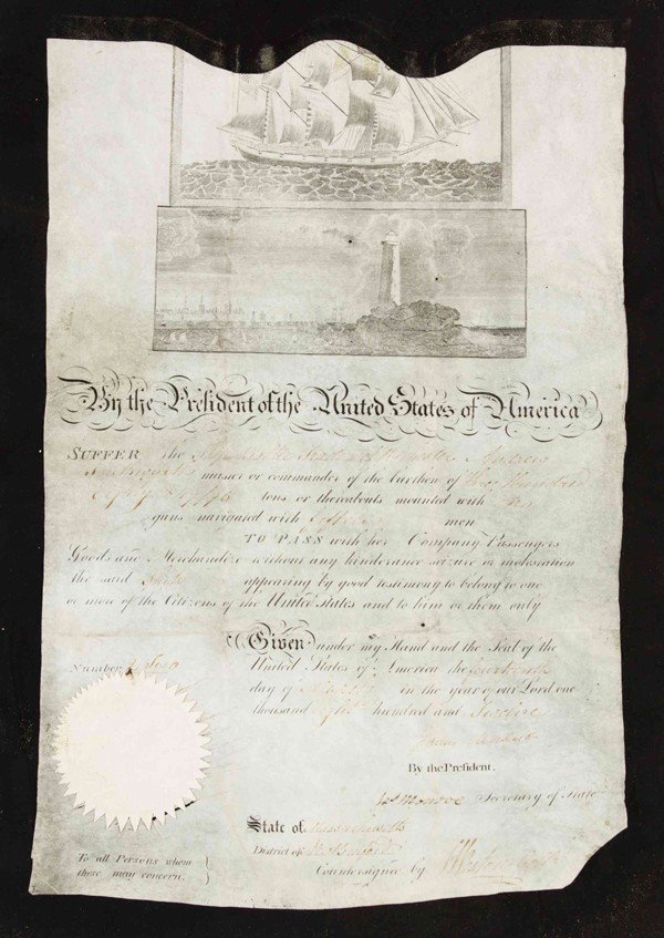 MADISON, JAMES (and) MONROE, JAMES. Document signe: MADISON, JAMES (and) MONROE, JAMES Partially printed document signed "James Madison" as President and "James Monroe" as Secretary of State, March 14, 1812, one page, on vellum, scalloped, with traditi
