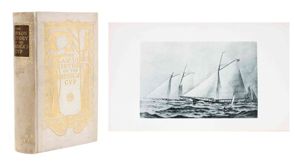 THOMPSON, WINFIELD M. AND THOMAS W. LAWSON. The La: THOMPSON, WINFIELD M. AND THOMAS W. LAWSON The Lawson History of the America's Cup: A Record of Fifty Years. Boston: Thomas W. Lawson, 1902. 4to, original cream gilt-stamped cloth with morocco spine l