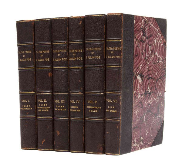 POE, EDGAR ALLEN. Tales and Poems. Philadelphia, n: POE, EDGAR ALLEN Tales and Poems. With a Biographical Essay by John H. Ingram. Philadelphia: Barrie, n.d. 6 vols. 8vo, 3/4 brown calf over morocco boards, spines lettered in gilt in compartments, four