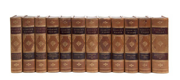 RUSKIN, JOHN. [Works]. Chicago and NY, n.d. [c. 18: RUSKIN, JOHN [Works.] Chicago and New York: Belford Clarke, n.d. (c. 1870) 12 vols. 8vo, 3/4 calf over marbled boards, marbled edges and endpapers, gilt-lettered leather spine labels. Profusely illust