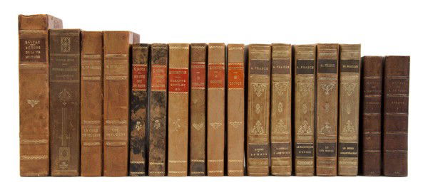(BINDINGS) A group of 17 leather bound books by Fr: (BINDINGS) A group of 17 leather bound books by French playwrights. L'Orme du mail, Le coeur innombrable, Le mannequin d'osier, L'Anneau d'amethyste, and Le lys
