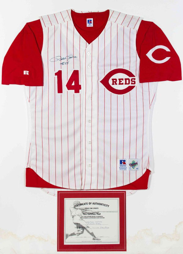 (SPORTS MEMORABILIA, BASEBALL) ROSE, PETE. Signed: (SPORTS MEMORABILIA, BASEBALL) ROSE, PETE Official Russell Diamond Collection replica Cincinnati Reds sleeveless baseball jersey, with sewn on letters and numbers, signed in black felt tip on the fron