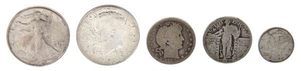 A Group of United States Silver Coins,: A Group of United States Silver Coins, comprising (11) Jefferson War nickels, 1916 Barber dime, (82) Mercury dimes, (9) Roosevelt dimes, 1909 Barber quarter, (5) Standing Liberty quarters, (2) Washing